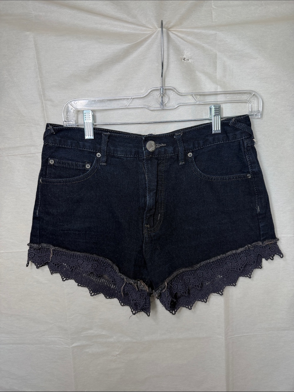 Free People Dark Black Denim Shorts with Lace Trim